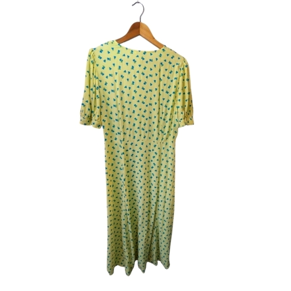 M&S Printed V-Neck Puff Sleeve Midi Tea Dress Yellow Blue - Picture 4 of 11